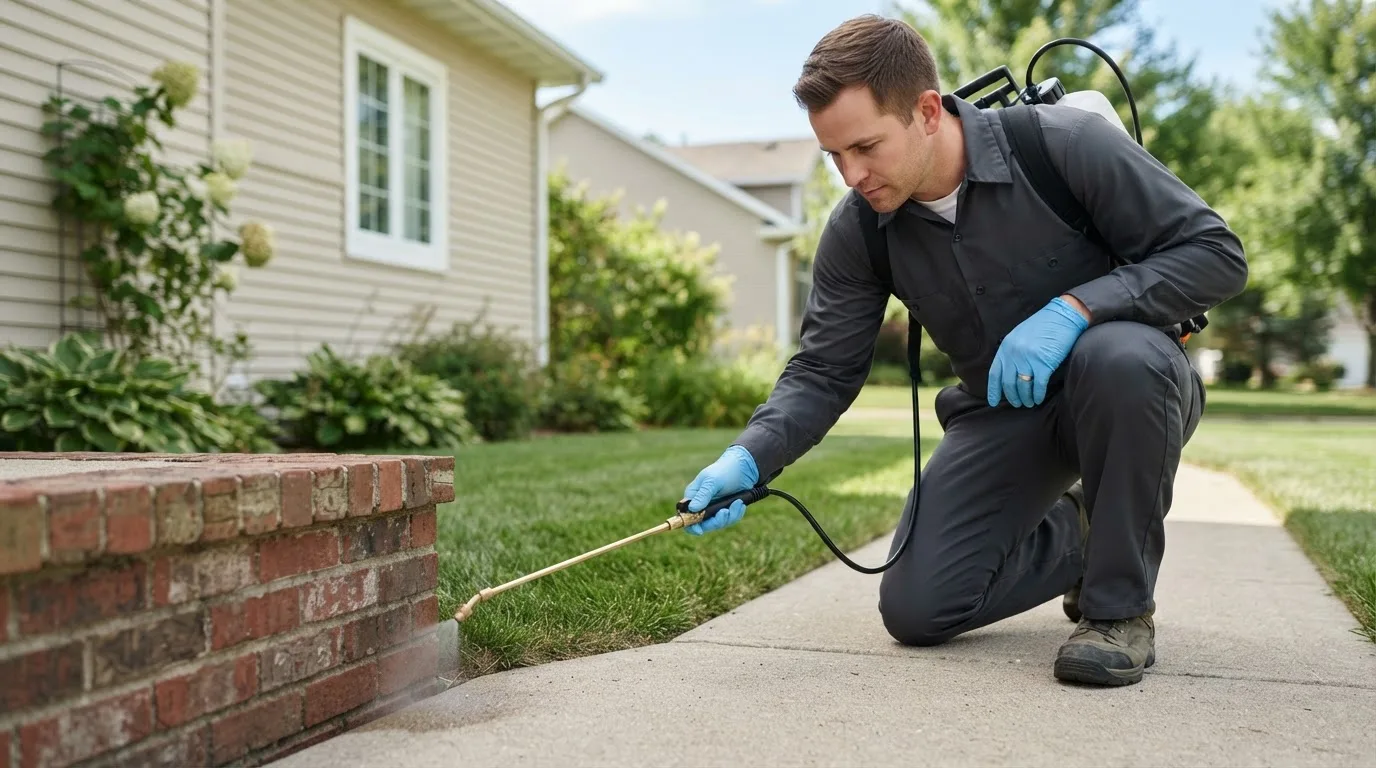Pest control technician treating a home near Freehold, NY