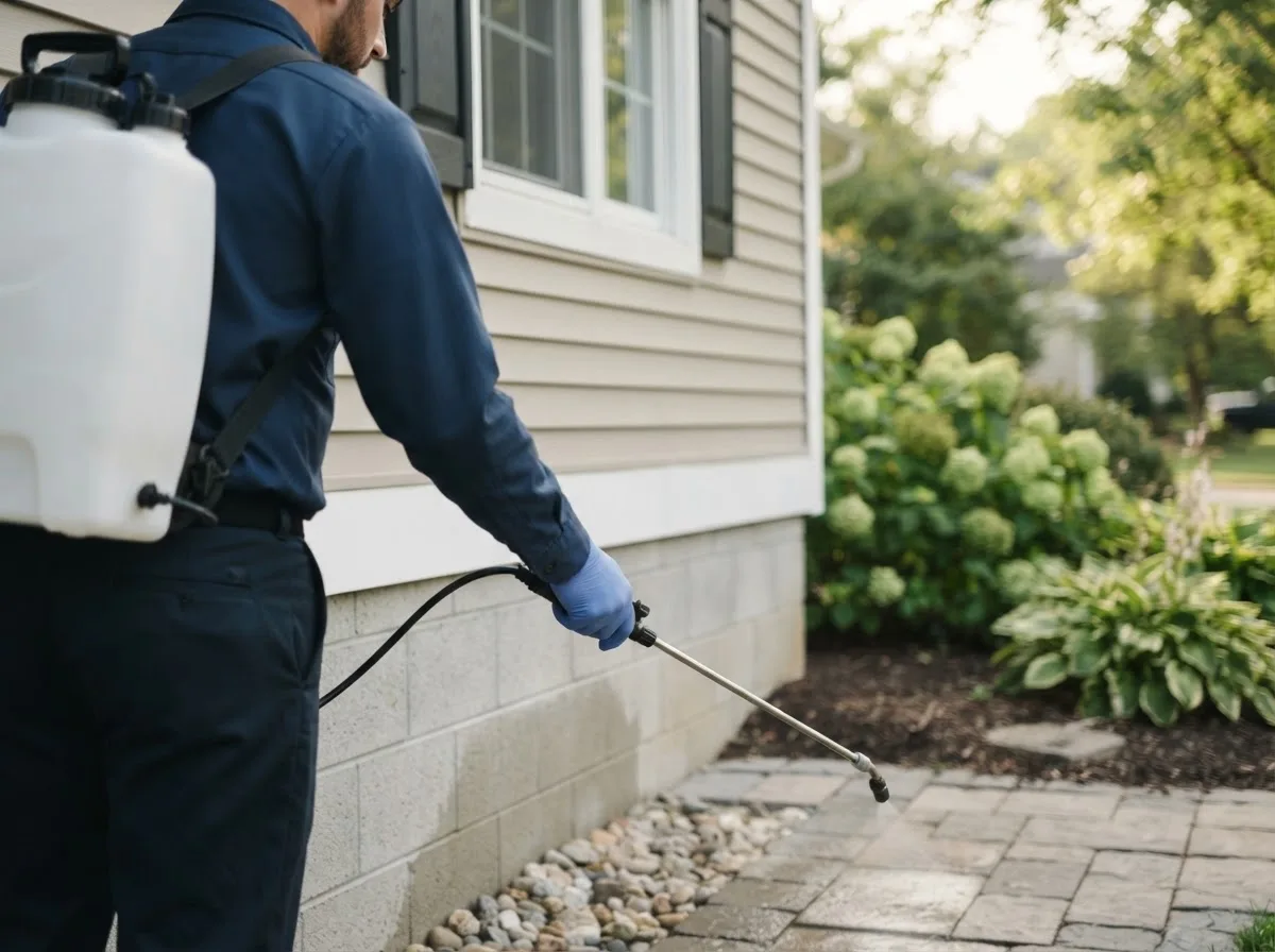 Pest control technician inspecting a home in Freehold, NY